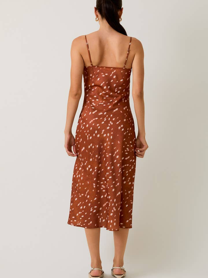BROWN WHITE ANIMAL COWL NECK SLIP MIDI DRESS for wholesale on Faire5