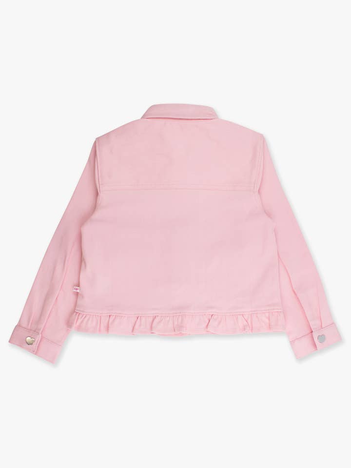 Rose Veste en jean rose extensible pour filles avec volants et boutons en forme de cœur en vente sur Faire7