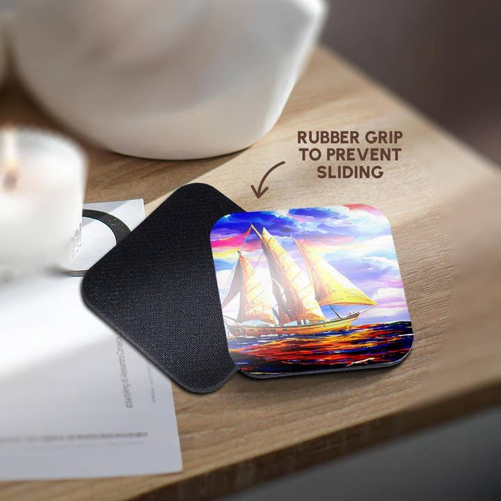 3dRose - Wholesale Coasters - 3dRose, Tall ship digital art. Three-mast scooner in the golden sunset light, Coaster10