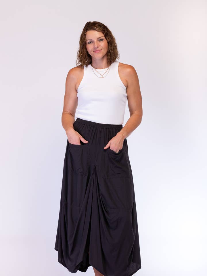 A-SYMETRICAL RAYON SKIRT - BLACK for wholesale by Ombak Designs