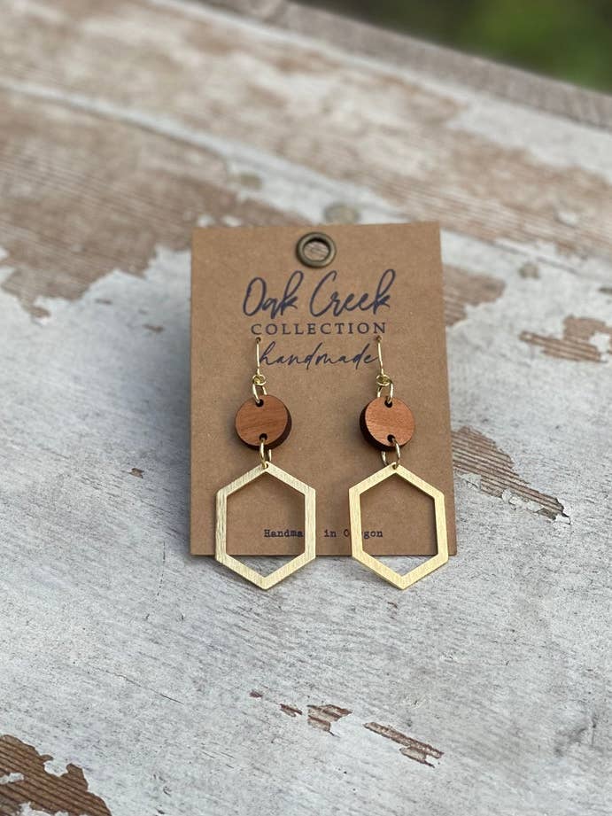 Round Wood w/ Gold Hexagon Dangle Earring for wholesale by Oak Creek Collection Handmade