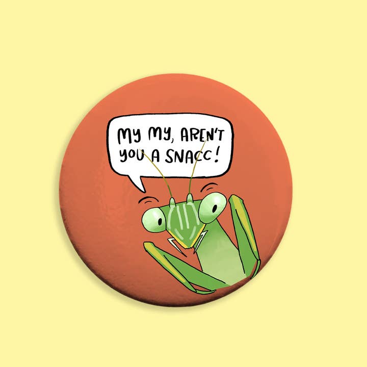 Mantis Snacc Pinback Button for wholesale by Kestrop Studio