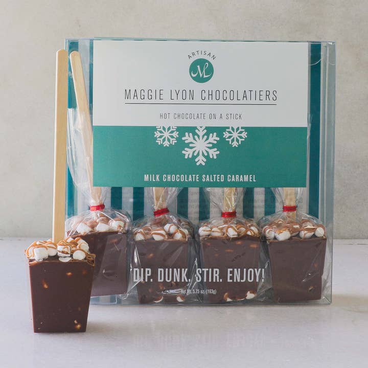4pc Hot Chocolate on a Stick - Milk Chocolate Salted Caramel for wholesale by Maggie Lyon Chocolatiers