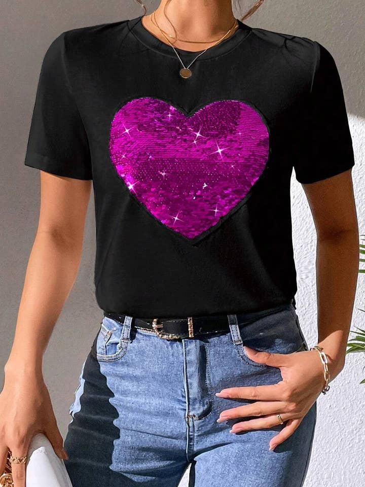Black Valentine Two Tone Sequined Heart Shaped Graphic T Shirt for wholesale on Faire2