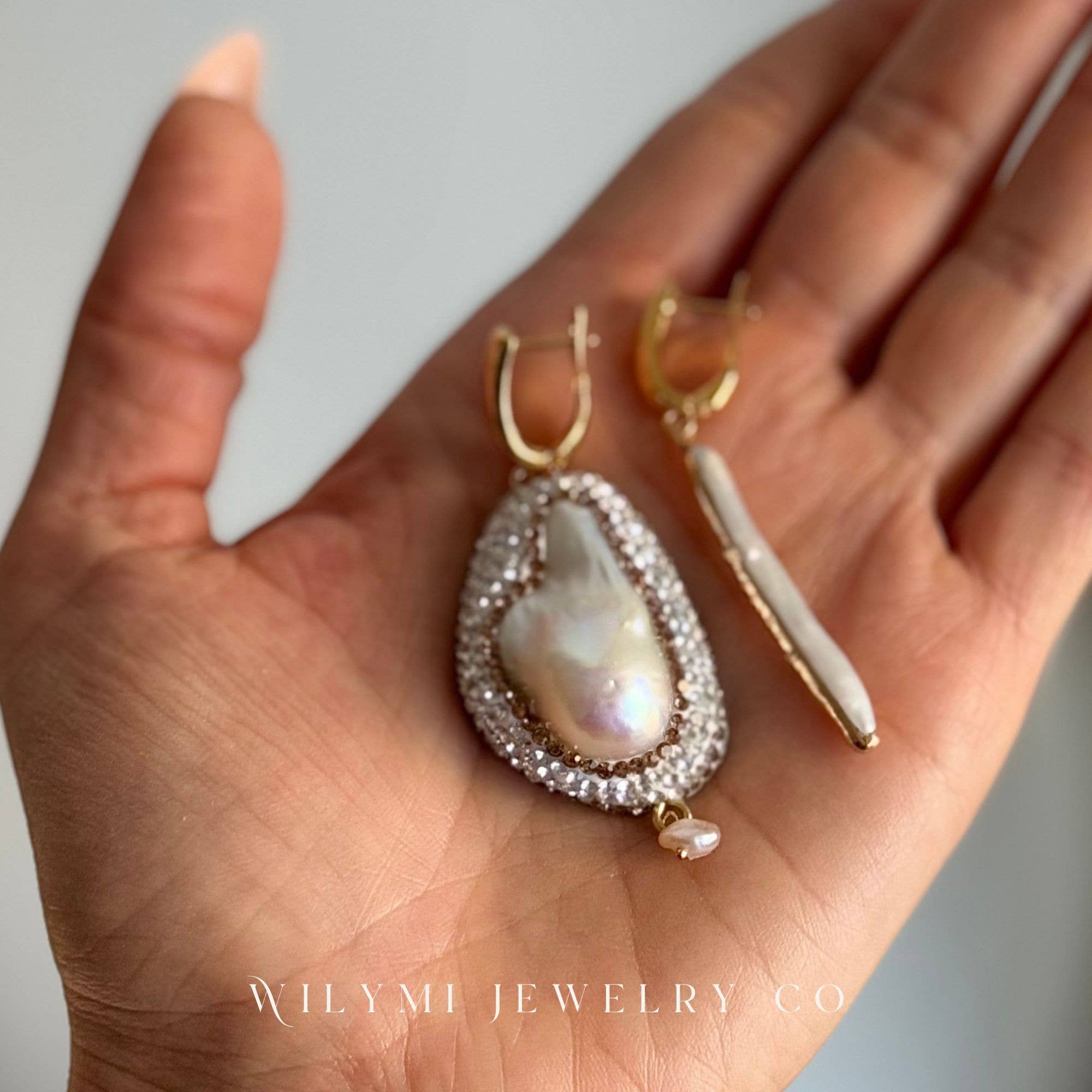 WILYMI Jewelry Co - Wholesale Dangle Earrings - Encapsulate Crystal Mismatched Pearl Earrings | Gold Filled3