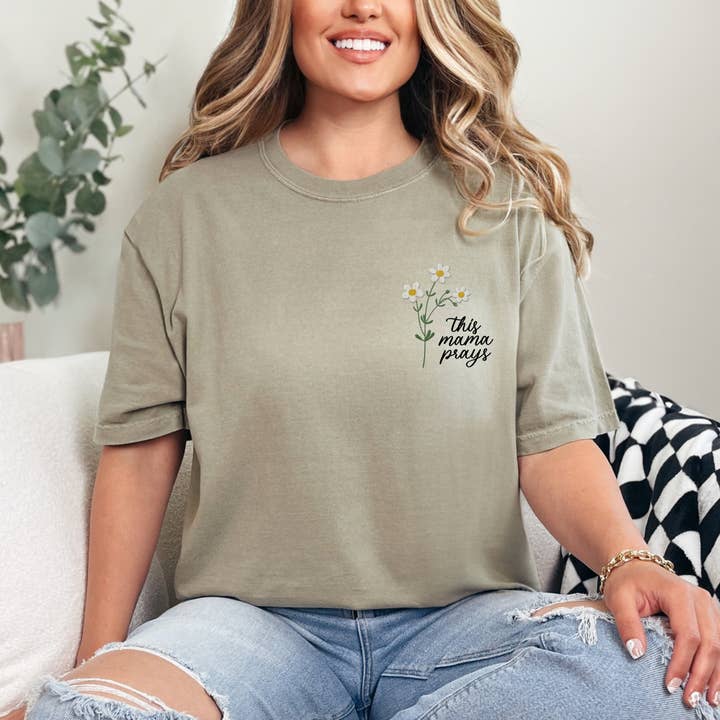 Scripted Pearl - Wholesale T-Shirt - Women's - This Mama Prays Daisy Embroidered Comfort Colors T Shirt2
