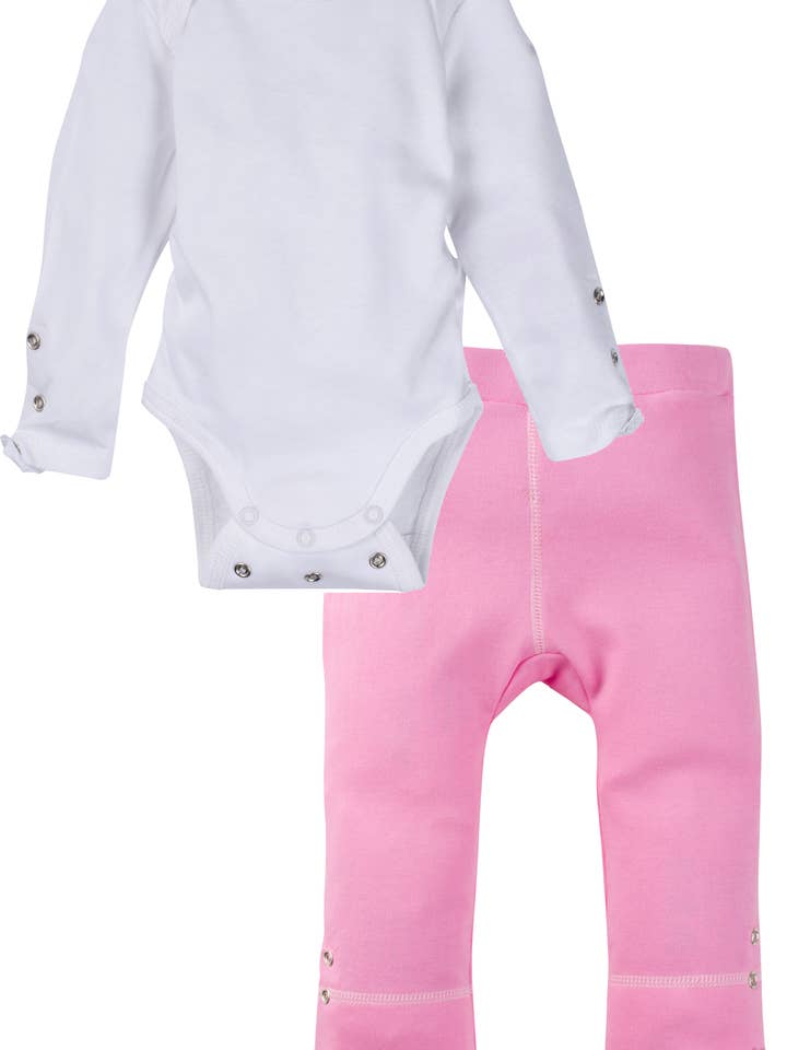 White Bodysuit and Solid Pink Pant Outfit - Long Sleeve for wholesale by Miracle Blanket- The #1 Pediatrician-recommended Swaddle