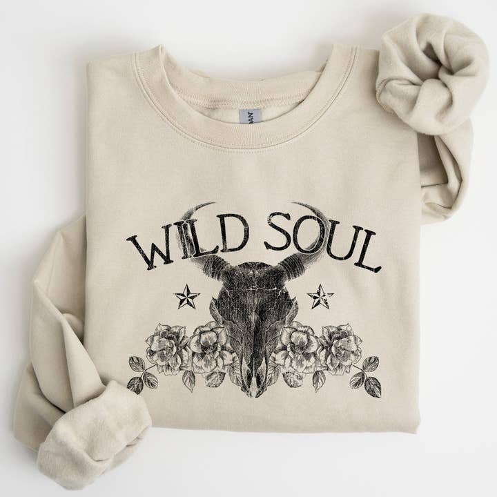 Wild Soul, Cowboy, Skull, Roses, Country, Cowgirl Sweatshirt for wholesale by Refinery Number One LLC