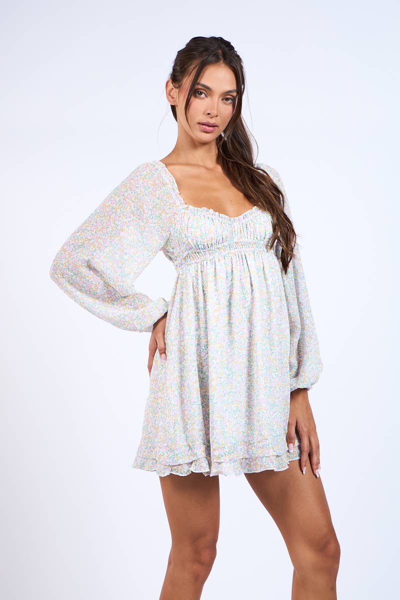 Lovely Bae DITSY FLORAL LONG SLEEVE RUFFLE TRIM MINI DRESS for wholesale on Faire4