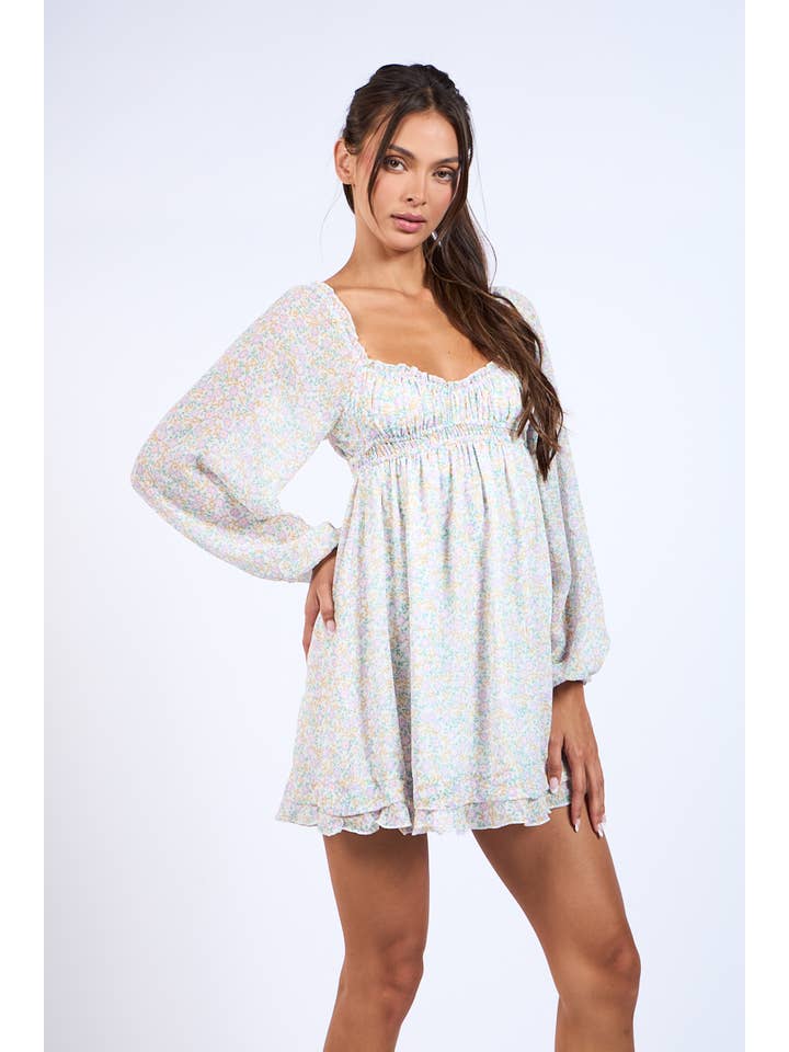 Lovely Bae DITSY FLORAL LONG SLEEVE RUFFLE TRIM MINI DRESS for wholesale on Faire4