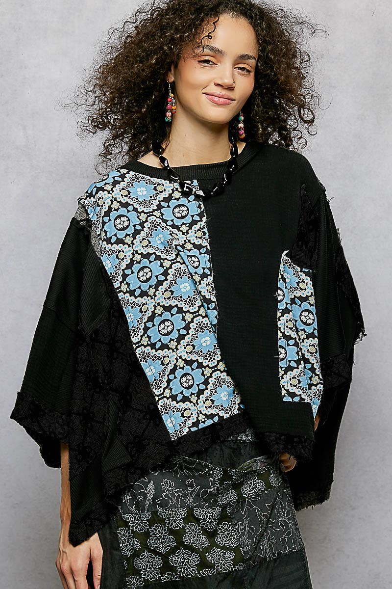 Pol Clothing - Wholesale Blouse - Women's - Round Neck Double Gauze Floral Woven Top1