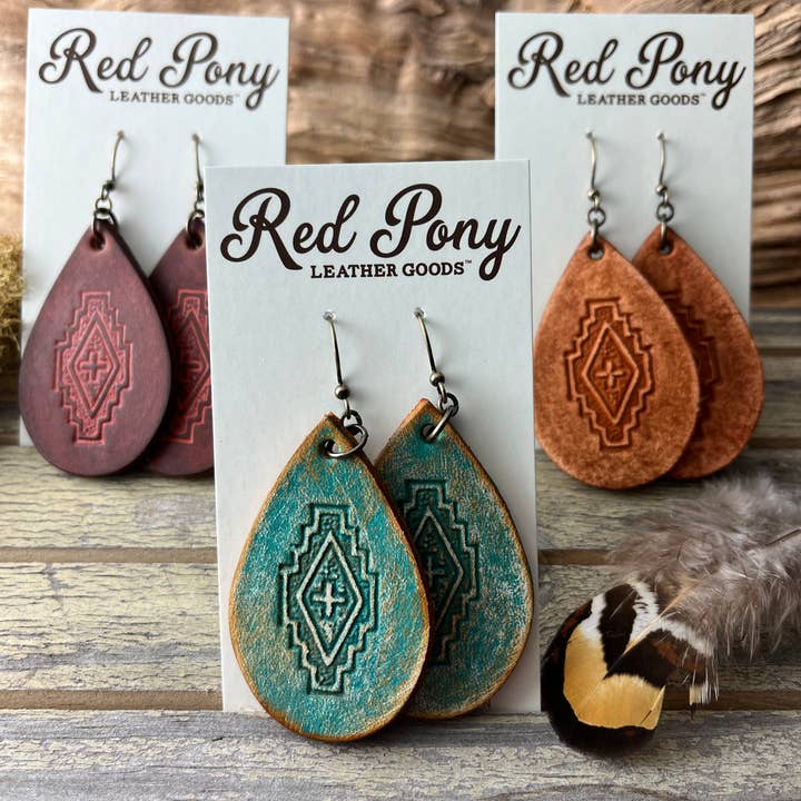 Red Pony Leather Goods - Wholesale Dangle Earrings - Tooled Leather Western Earrings Southwest Style