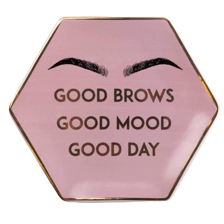 Ceramic Hexagon Trinket Dish Good Brows Pink/Gold 14.8cm 8PK for wholesale by Candlelight Products Ltd