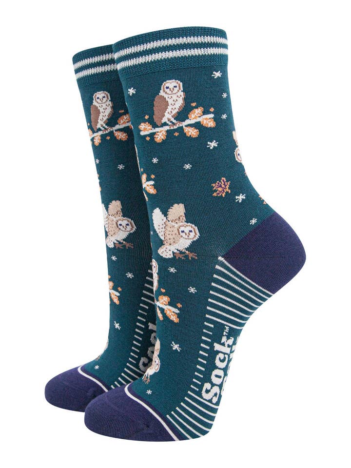 Women's Bamboo Socks - Forest Green/Navy Blue, Barn Owls for wholesale by Sock Talk