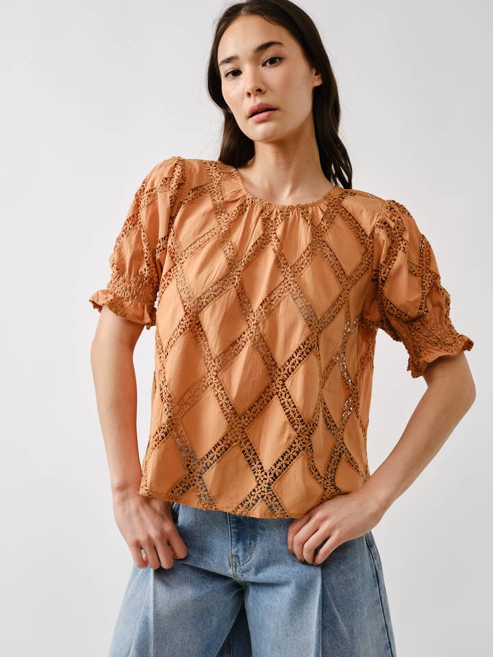 MAT3199 LACE EMBROIDERED SHORT SLEEVE BLOUSE for wholesale by Aaron & Amber