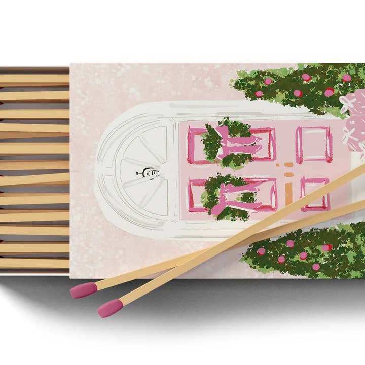 Rebecca Illustrated - Wholesale Matches - PINK CHRISTMAS HOUSE MATCHES- CANDY CANE COTTAGE