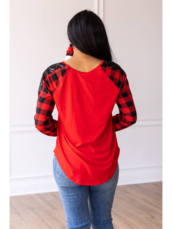 Red Top with Buffalo Plaid Raglan Sleeves for wholesale on Faire