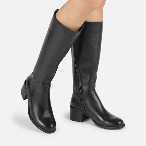 Felmini Mira D946 dames høje støvler i blødt sort læder med lav hæl for engroshandel hos Felmini