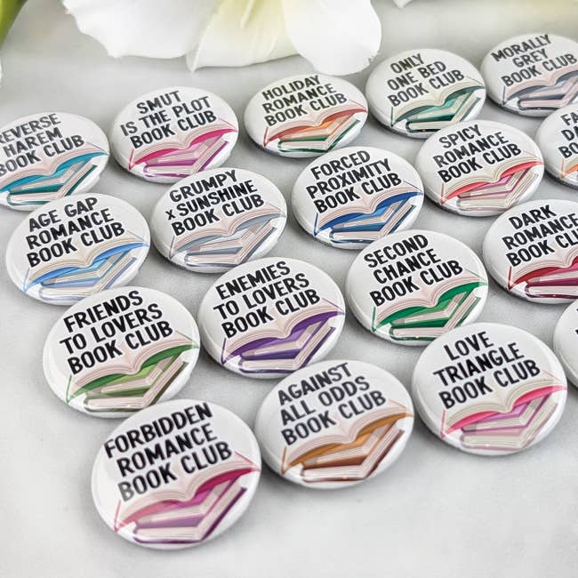 Aphrodite Bookclub - Wholesale Lapel Pin/Button - Romance trope assorted buttons  1.25" pinback buttons tropes6