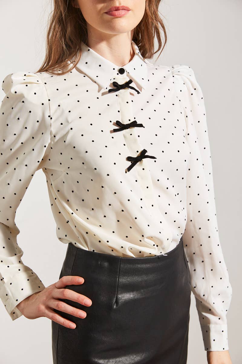 ELLI WHITE - Wholesale Button Down Shirt - Women's - Polka dot shirt with decorative bows1