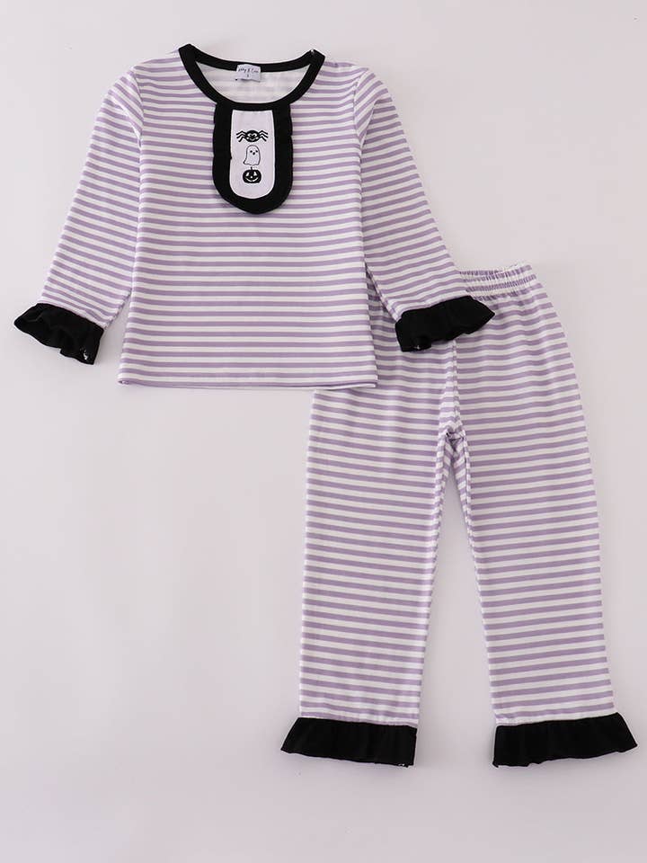 Lila Halloween spindelbroderi randiga byxor set för wholesale av Aspen Rain Boutique