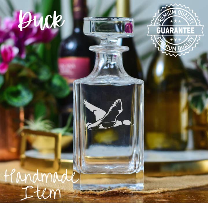 Flying Duck Etched Glass Whiskey Decanter for wholesale by Honeysuckle Home