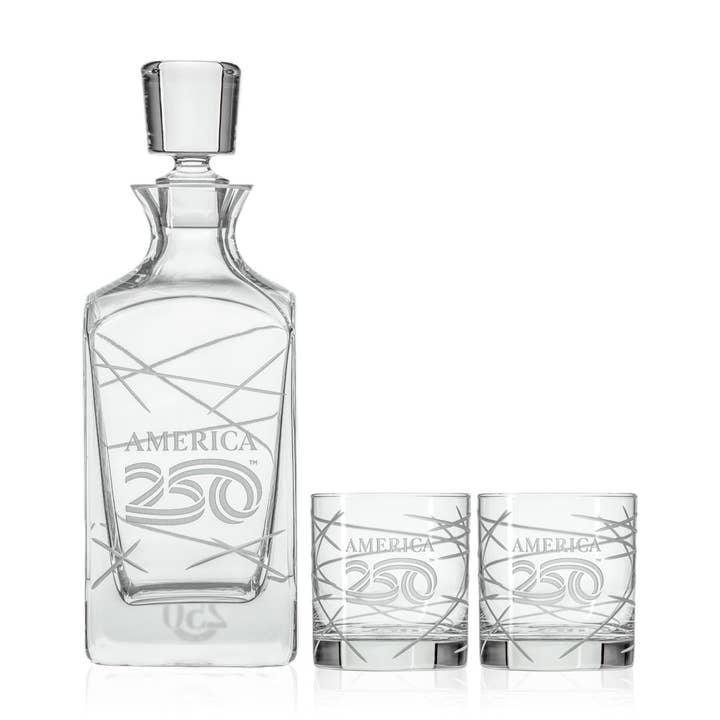 America250™ Longitude 3 Piece Gift Set | Whiskey Decanter and Rocks Glasses for wholesale by Rolf Glass