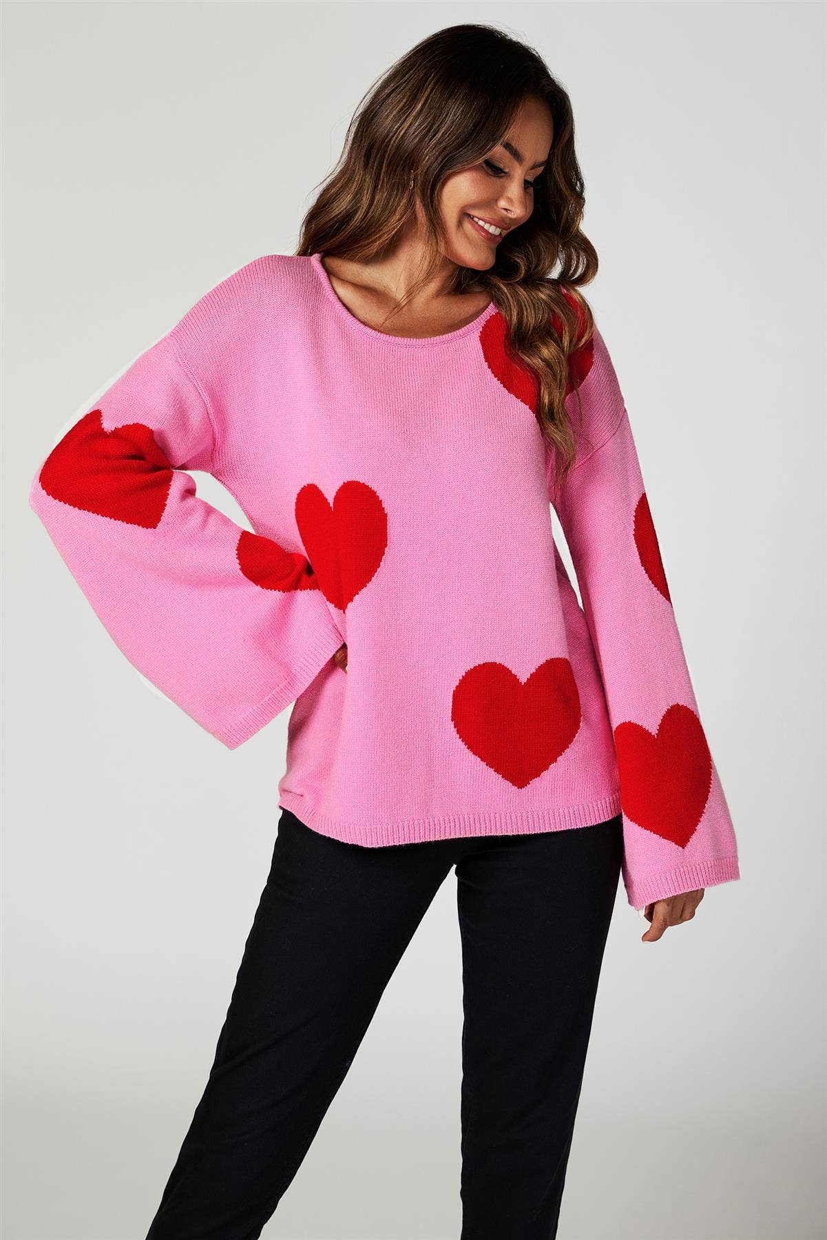 Wide Sleeve Oversize Red Jumper With Pink Heart for wholesale on Faire3