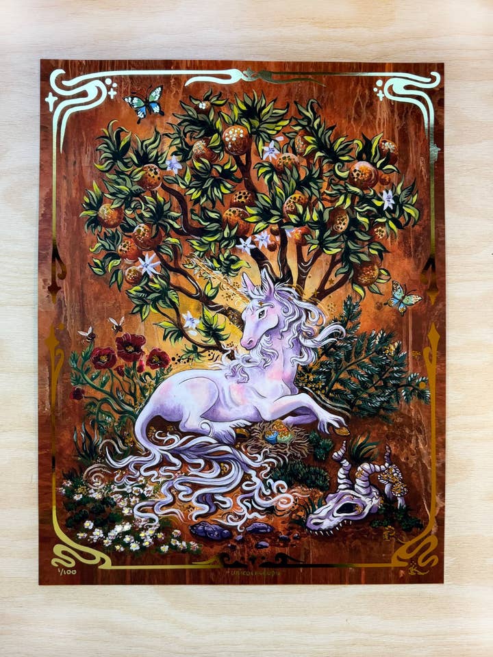 11" x 14" Gold Foil "Unicornucopia" Unicorn Art Print for wholesale by Secret Creatures