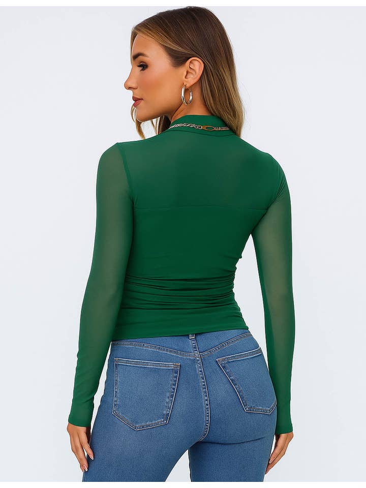 Sweetkama - Wholesale Knit Top - Women's - Ladies See Sheer Mock Neck Long Sleeves Mesh Top2