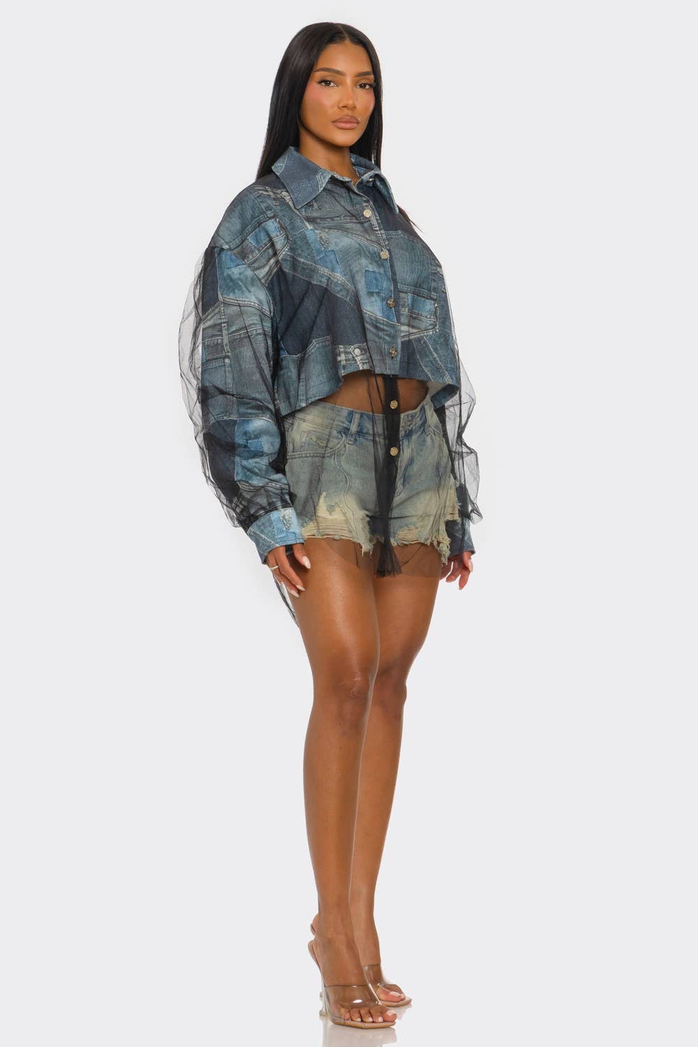 Athina Collection - Wholesale Overhemd met knopen - Dames - Denim Mesh Illusie Oversized Shirt3