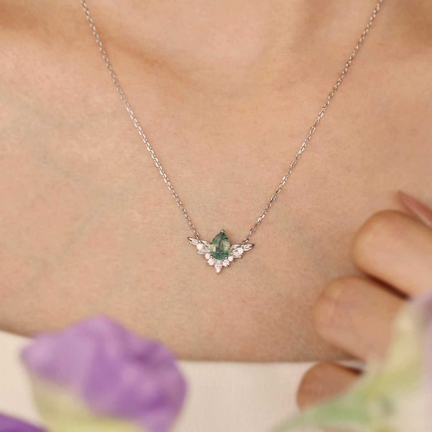 Azura Jewelry – Colar pingente/pendente por atacado – Colar Ágata To Bloom Again Moss1