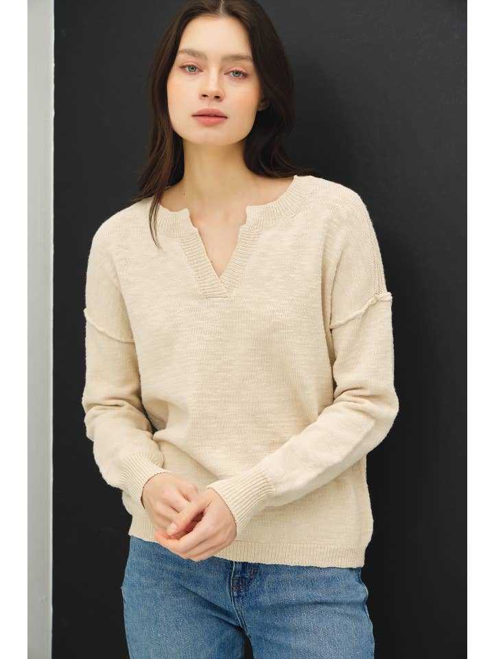 Be Cool - Wholesale Knit Sweater - Women's - RAW SEAM NOTCHED V-NECK COTTON SWEATER9