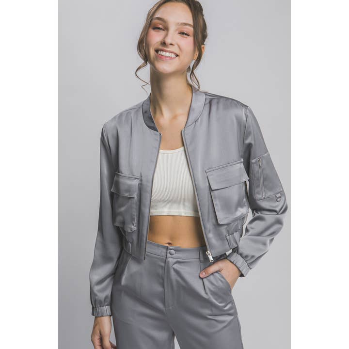 Long Sleeve Satin Cropped Bomber Jacket for wholesale by Apolline