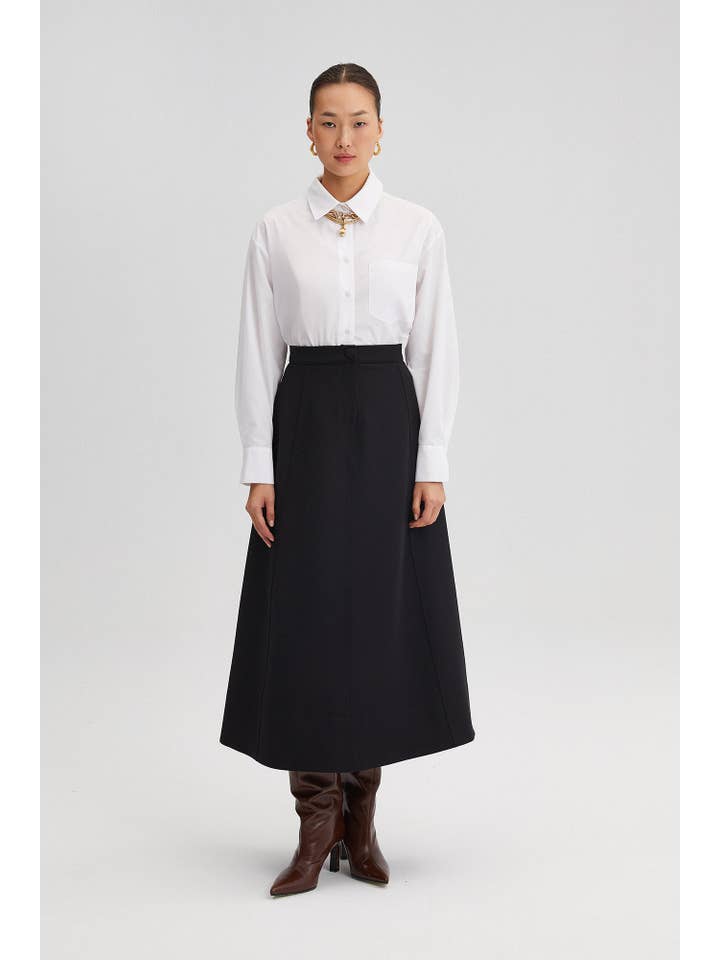 BLACK A-LINE CREPE MIDI SKIRT for wholesale on Faire