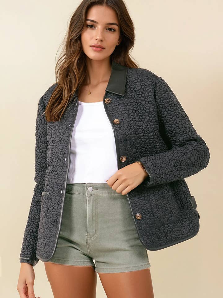 Vegan Leather Collar Quilt Button Down Jacket - 10631J for wholesale by Doe and Rae