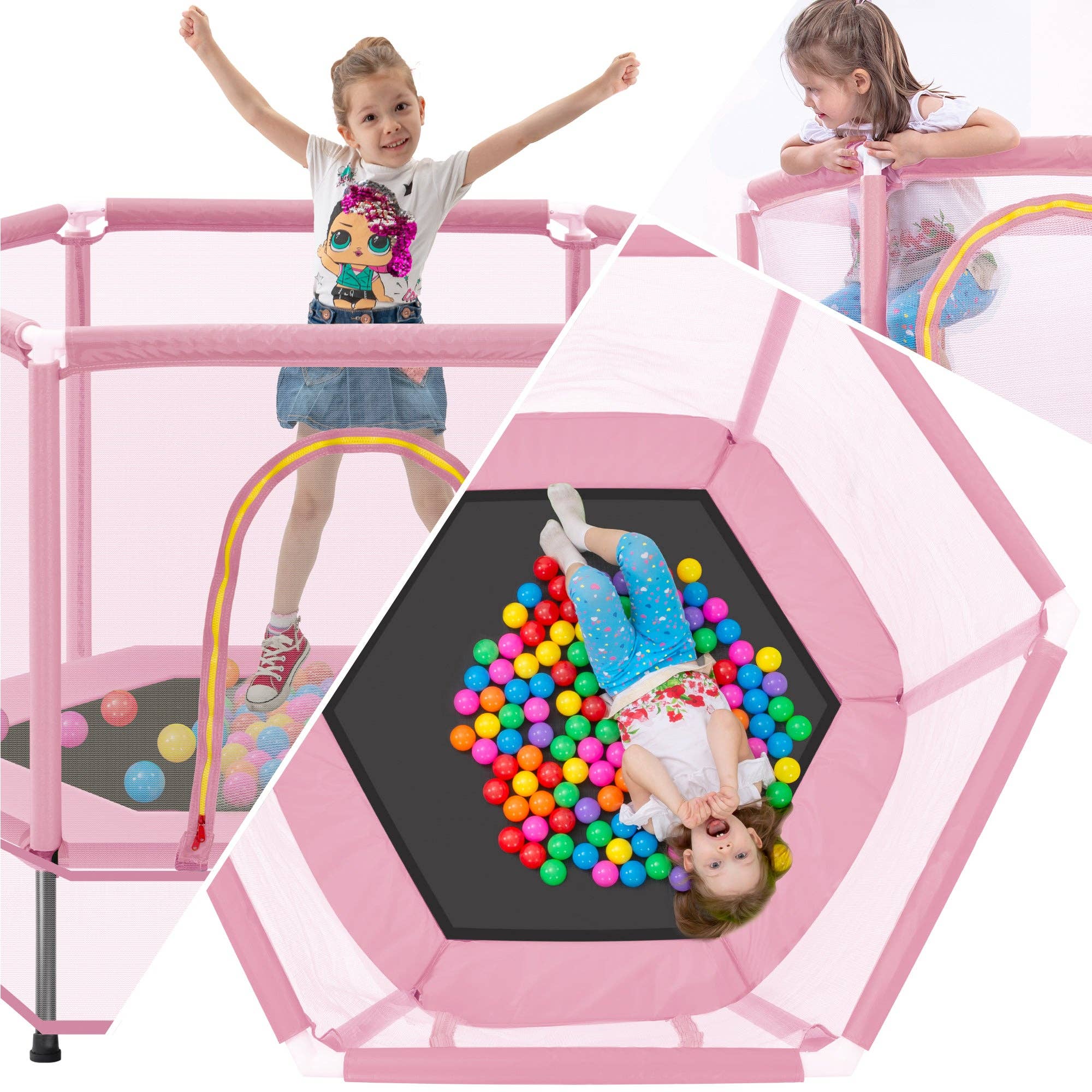 Orange County Decor - Wholesale Sporting Game - Kids & Baby - 55'' Toddlers Trampoline With Safety Enclosure Net And Balls, Indoor Outdoor Mini Trampoline For Kids Pink Metal5