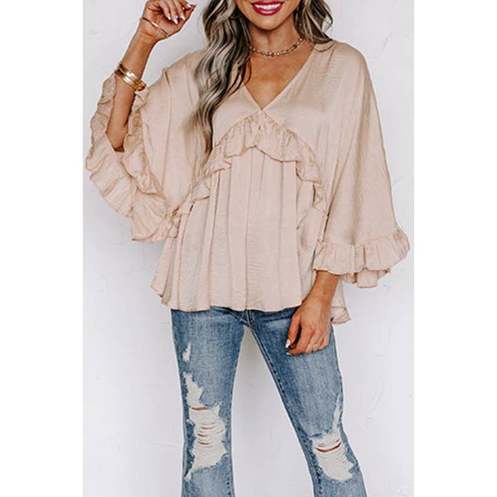 Apricot V Neck Draped Batwing Sleeve Ruffle Top and other Purchase Wholesale egarri. Free Returns & Net 60 Terms on Faire trending on Faire.