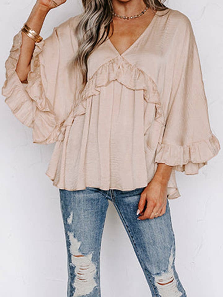 Top con volant a maniche a pipistrello drappeggiato con scollo a V color albicocca per la vendita all'ingrosso da parte di EG fashion