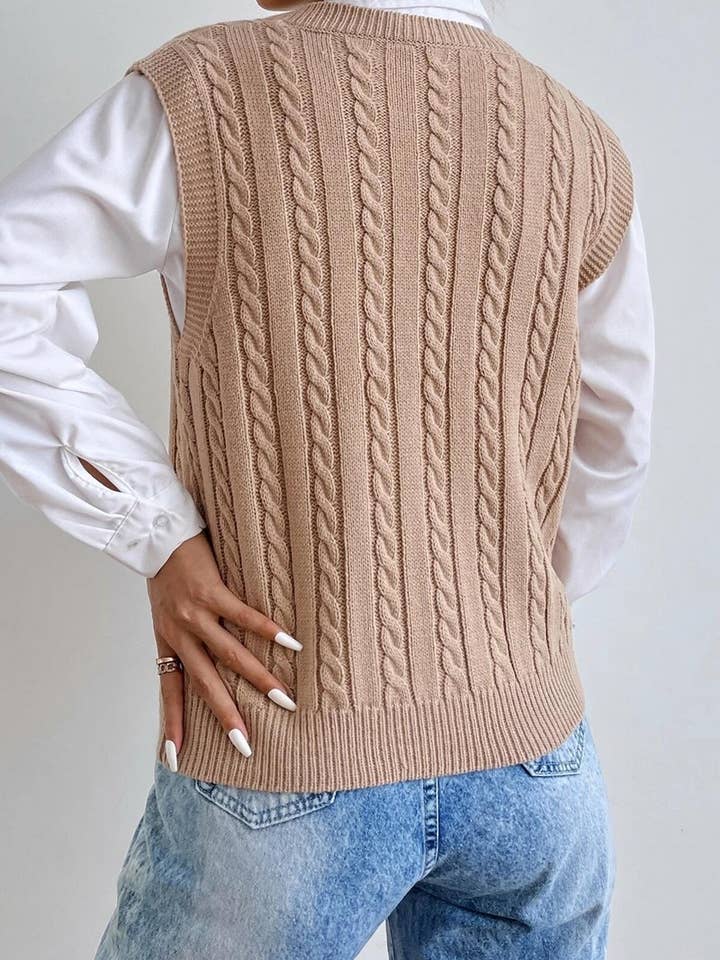 NINEXIS - Wholesale Outerwear Vest - Women's - CWOV0577_V-NECK SOLID COLOR CABLE KNIT SWEATER VEST