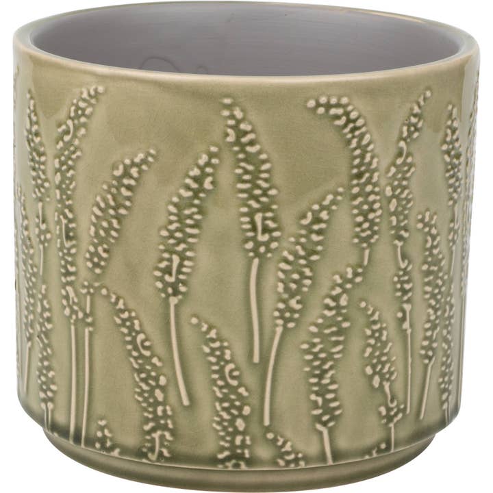 A11021: Floral stem ptrn ceramic pot cover,pale grn,7x5.5in for wholesale by Silver Tree Home & Holiday
