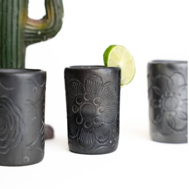 MEXTEQUIL - Wholesale Shot Glass - Black Clay Mexican Shot Glasses - Set of 4 - 2 Oz -Round