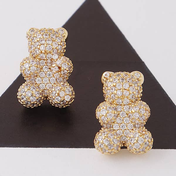 GOLD CLEAR Jeweled Teddy Bear Stud Earrings for wholesale on Faire