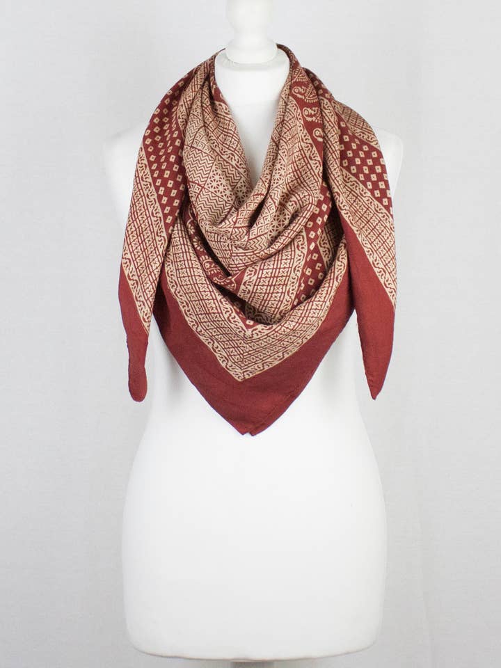 Kontrol Mix Bagh Håndblok Print Silke Square Tørklæde - Rød for engroshandel hos SVEZElife