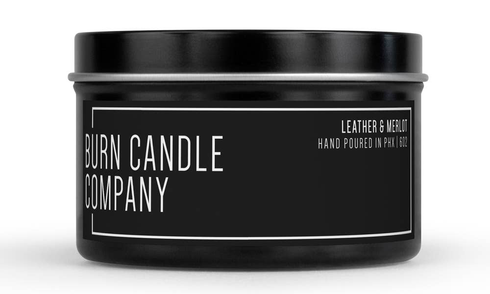 Burn Candle Company - Wholesale Travel Candles - Leather & Merlot | Dual Wick | 8 oz Black Tin1