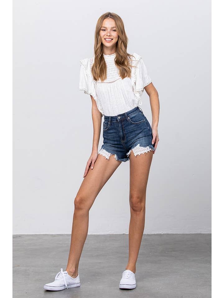 Insane Gene USA - Wholesale Shorts - Women's - High Rise Stretch Frayed Hem Lace Line Trim Denim Shorts5