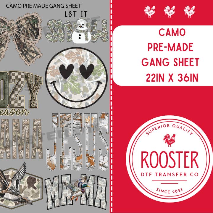 DTF TRANSFER ONLY - CAMO PRE-MADE GANG SHEET (22x36in) for wholesale by Rooster DTF Transfer Co