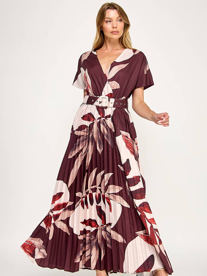 Abstract Floral Belted Flowing Pleated Maxi Dress for wholesale by Genzy Clothing