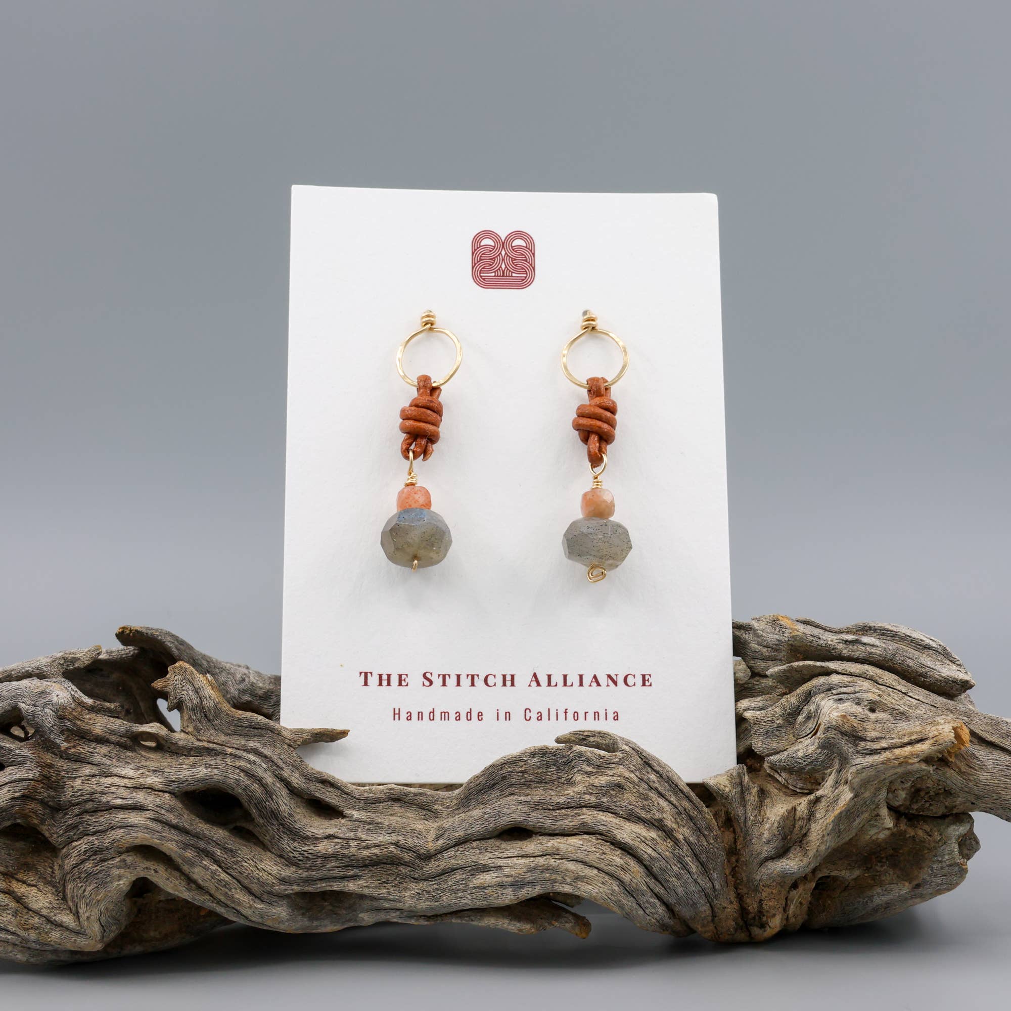 The Stitch Alliance - Wholesale Dangle Earrings - Labradorite & Sunstone Drop Earrings 14k Gold Fill Leather6