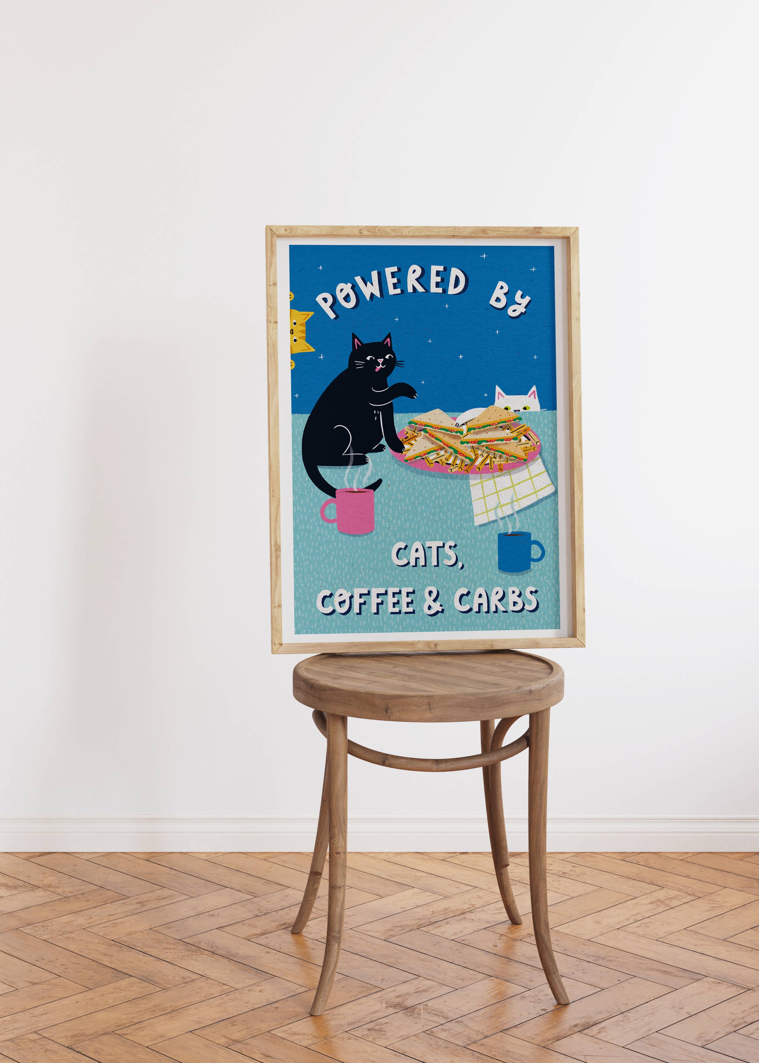 Nat Ellis Illustration – wholesale Art print – Powered By Coffee, Carbs & Cats  – A4 Heavyweight Art Print4